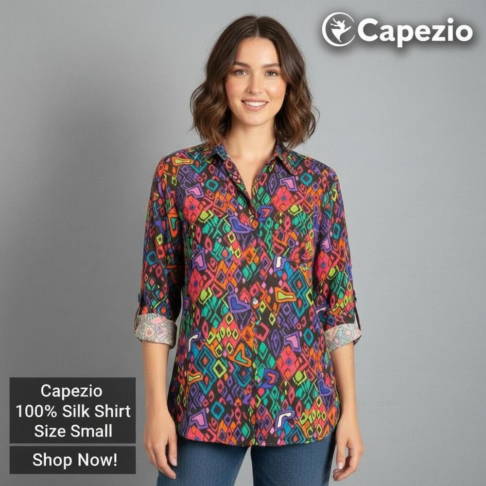 Capezio 100% Silk Multicolor Geometric Print Shirt Size S
